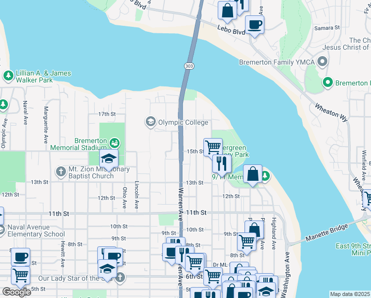 map of restaurants, bars, coffee shops, grocery stores, and more near 916 15th Street in Bremerton
