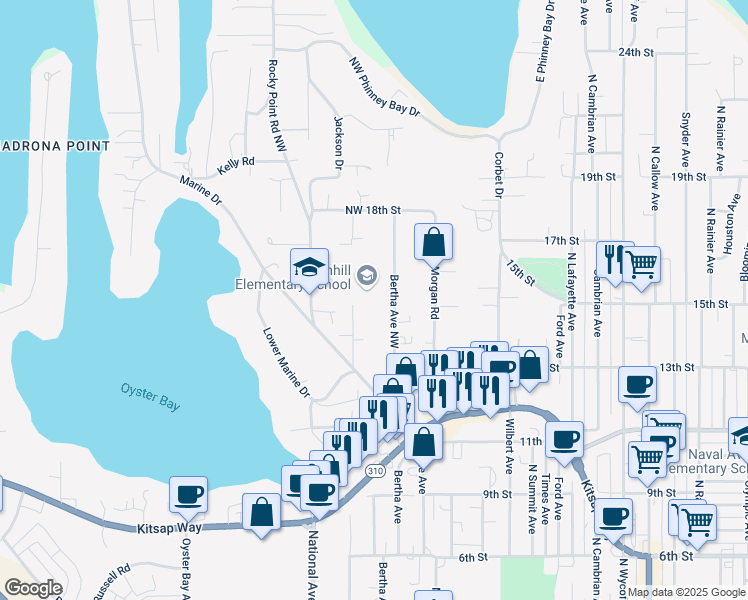 map of restaurants, bars, coffee shops, grocery stores, and more near 1500 Rocky Point Road Northwest in Bremerton