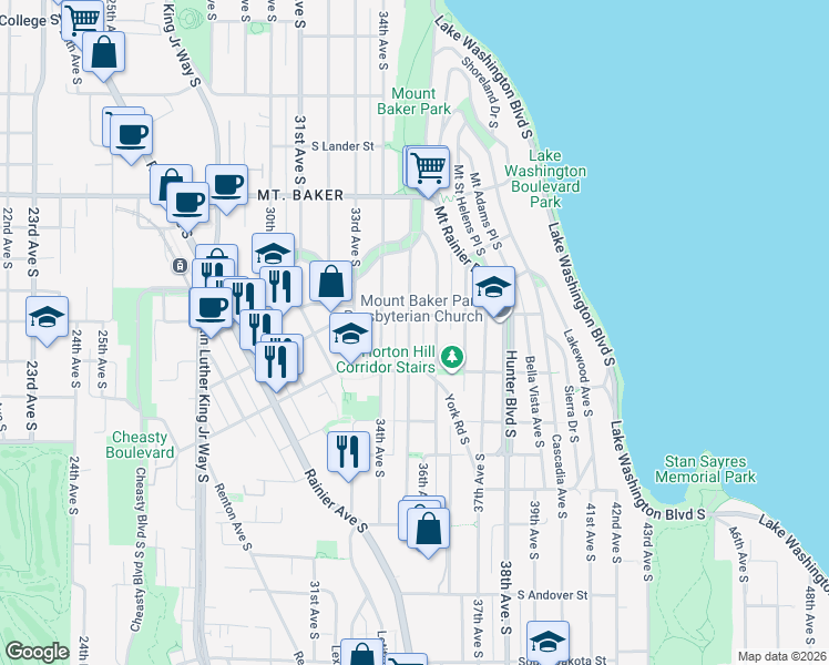 map of restaurants, bars, coffee shops, grocery stores, and more near 3212 35th Avenue South in Seattle