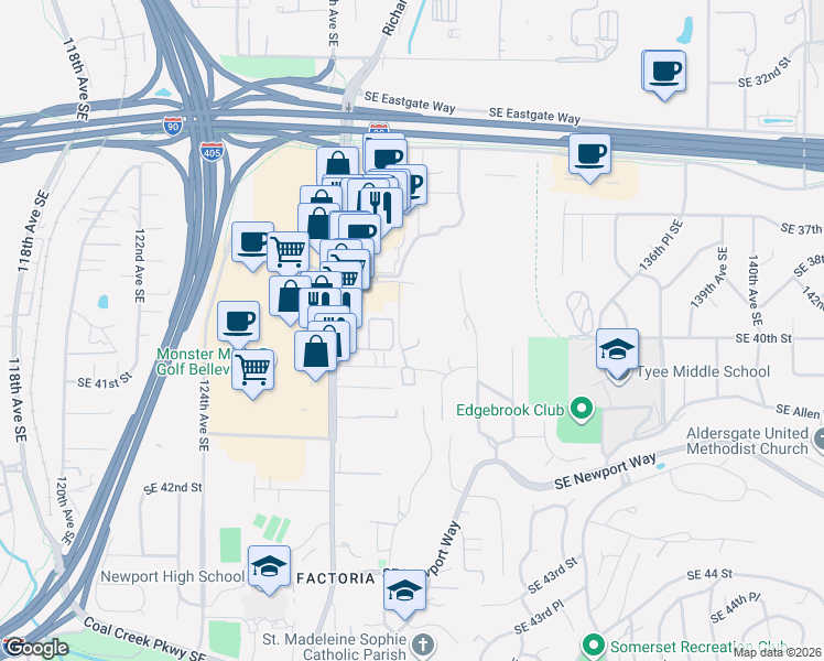map of restaurants, bars, coffee shops, grocery stores, and more near 3811 130th Lane Southeast in Bellevue