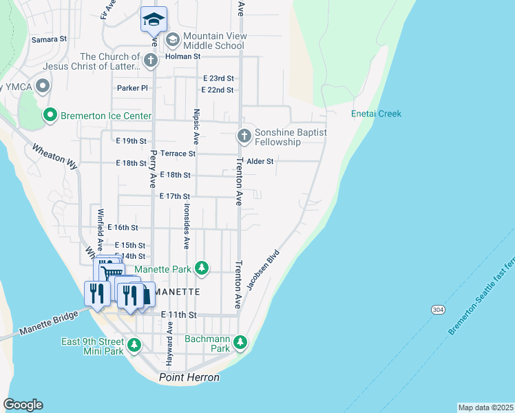 map of restaurants, bars, coffee shops, grocery stores, and more near 1714 Trenton Avenue in Bremerton