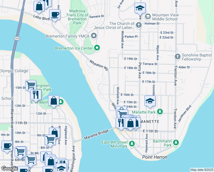 map of restaurants, bars, coffee shops, grocery stores, and more near 1735 Wheaton Way in Bremerton