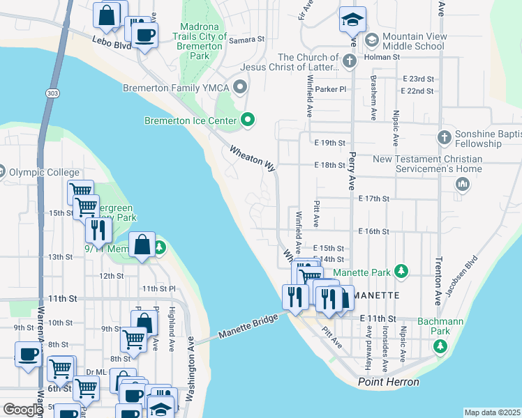 map of restaurants, bars, coffee shops, grocery stores, and more near 1735 Wheaton Way in Bremerton