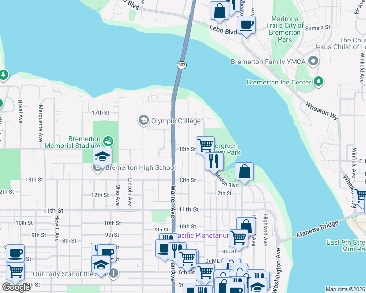 map of restaurants, bars, coffee shops, grocery stores, and more near 1528 Warren Avenue in Bremerton
