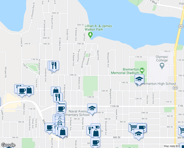 map of restaurants, bars, coffee shops, grocery stores, and more near 1522 Arvon Avenue in Bremerton