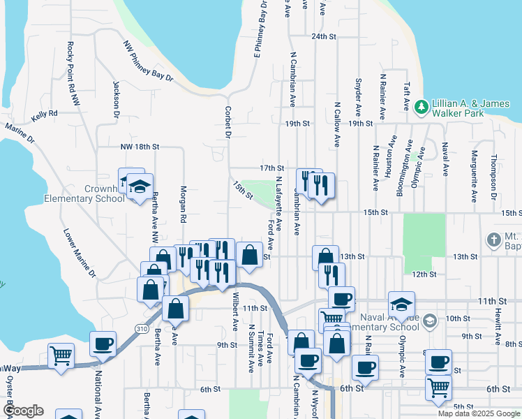 map of restaurants, bars, coffee shops, grocery stores, and more near 3121 15th Street in Bremerton