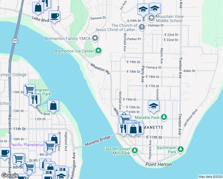 map of restaurants, bars, coffee shops, grocery stores, and more near Wheaton Way & Parkside Dr in Bremerton