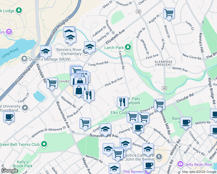 map of restaurants, bars, coffee shops, grocery stores, and more near 19 Pine Bud Avenue in St. John's