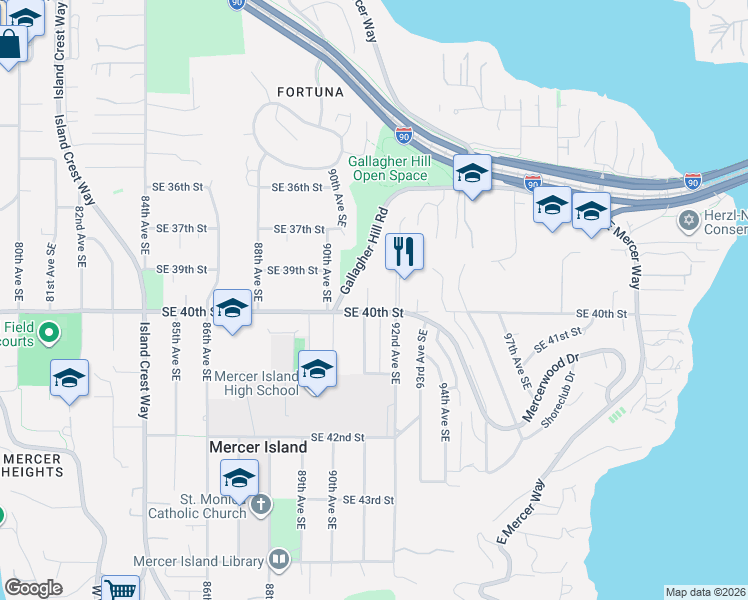 map of restaurants, bars, coffee shops, grocery stores, and more near 3910 91st Avenue Southeast in Mercer Island