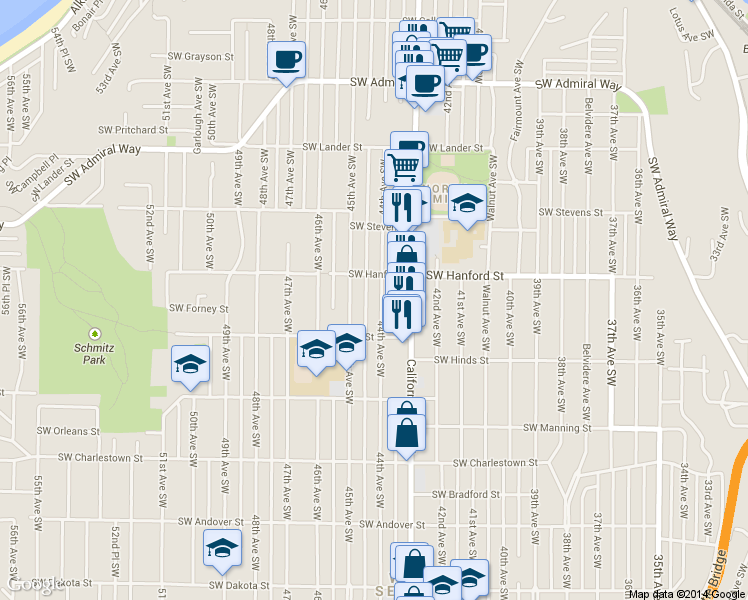 map of restaurants, bars, coffee shops, grocery stores, and more near 3200 44th Avenue Southwest in Seattle