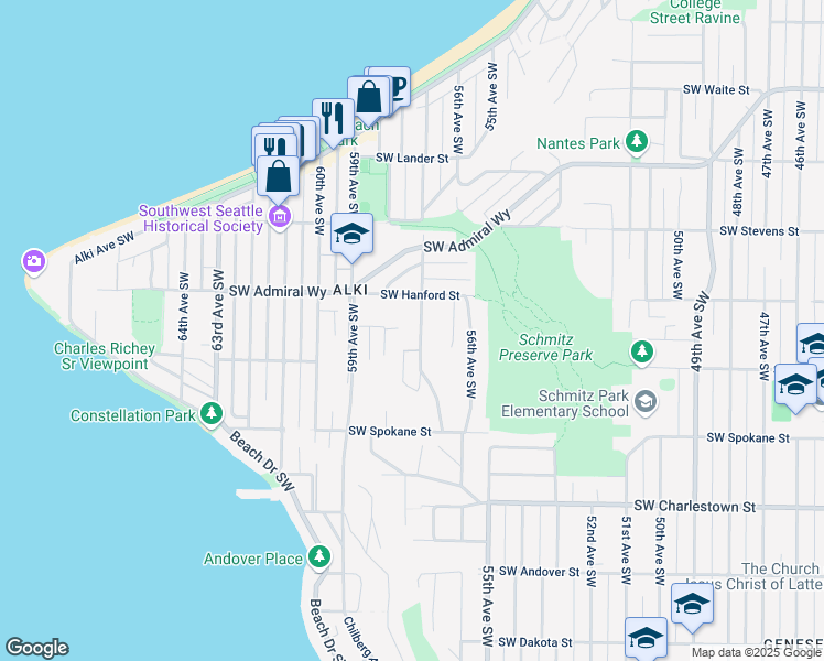 map of restaurants, bars, coffee shops, grocery stores, and more near 5709 Southwest Hanford Street in Seattle