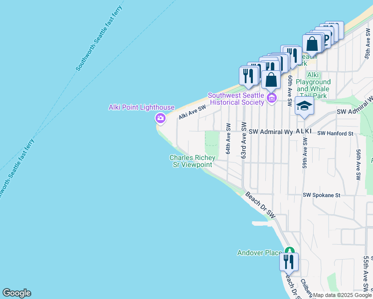 map of restaurants, bars, coffee shops, grocery stores, and more near 3217 Benton Place Southwest in Seattle