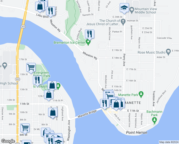 map of restaurants, bars, coffee shops, grocery stores, and more near 2901 Mountain View Drive in Bremerton