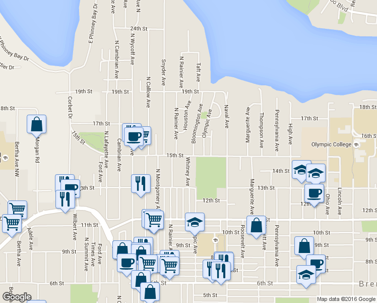map of restaurants, bars, coffee shops, grocery stores, and more near 1522 Olympic Avenue in Bremerton