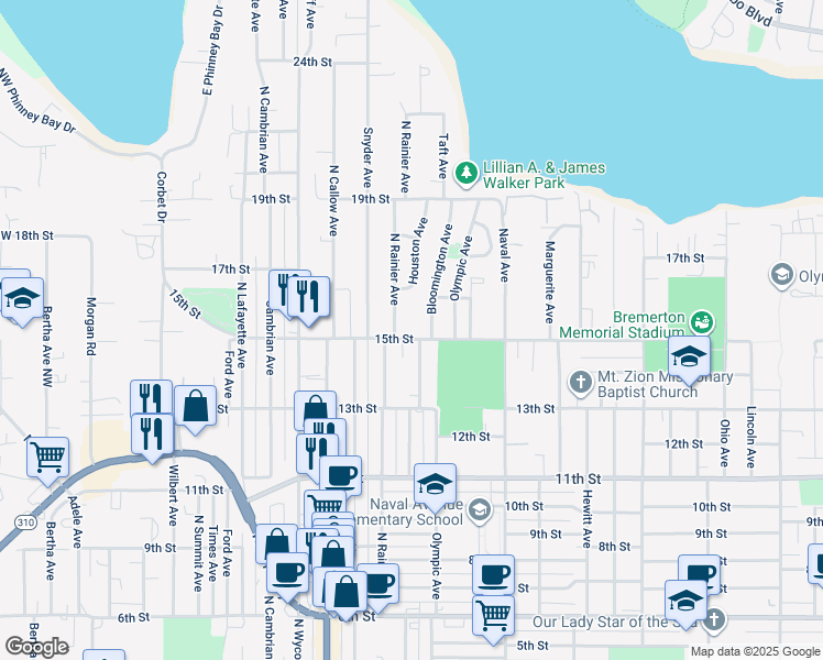 map of restaurants, bars, coffee shops, grocery stores, and more near 1522 North Rainier Avenue in Bremerton