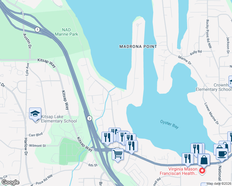 map of restaurants, bars, coffee shops, grocery stores, and more near 1415 Madrona Point in Bremerton