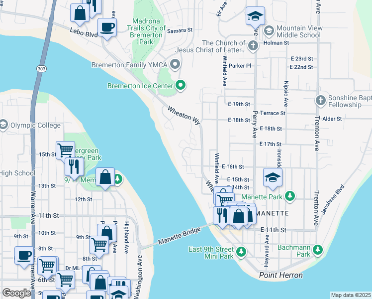 map of restaurants, bars, coffee shops, grocery stores, and more near 1014 Parkside Drive in Bremerton