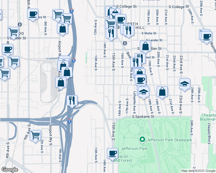 map of restaurants, bars, coffee shops, grocery stores, and more near 3114 14th Avenue South in Seattle