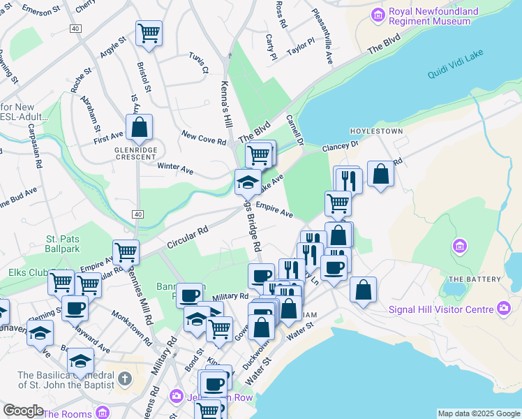 map of restaurants, bars, coffee shops, grocery stores, and more near 23 Empire Avenue in St. John's