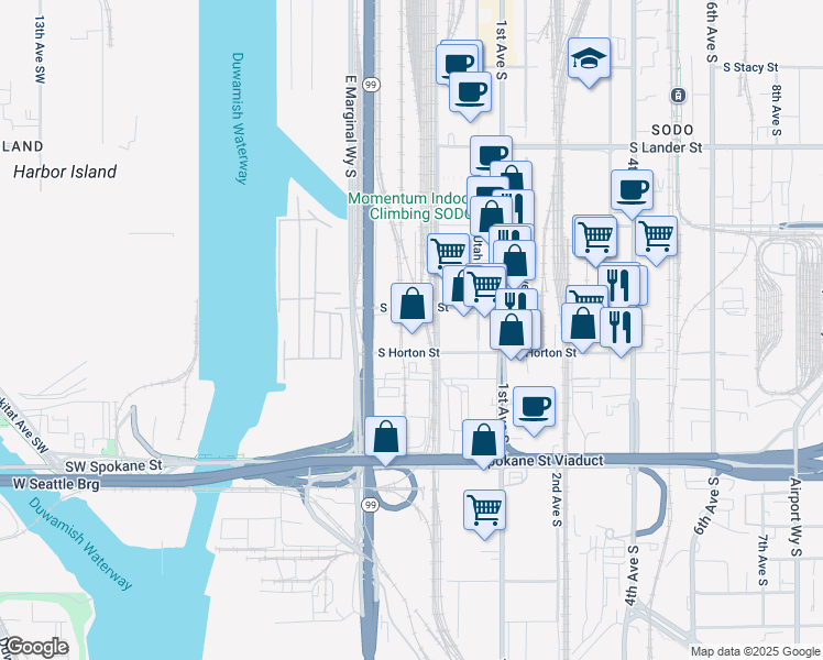 map of restaurants, bars, coffee shops, grocery stores, and more near 37-49 S Hanford St in Seattle