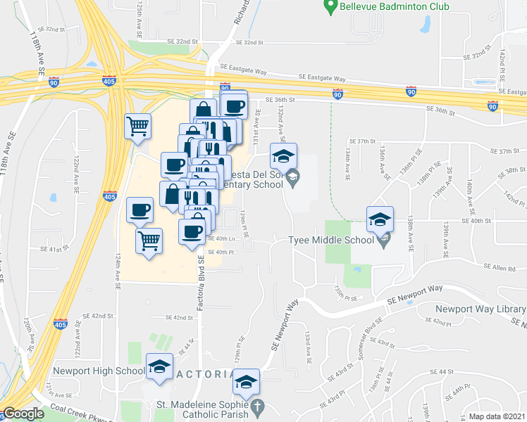 map of restaurants, bars, coffee shops, grocery stores, and more near 3811 130th Lane Southeast in Bellevue