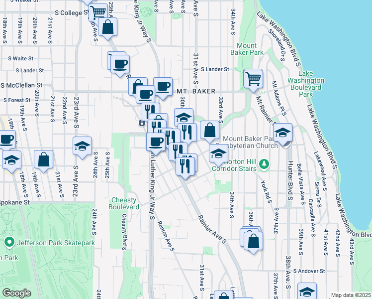 map of restaurants, bars, coffee shops, grocery stores, and more near 3015 South Hanford Street in Seattle