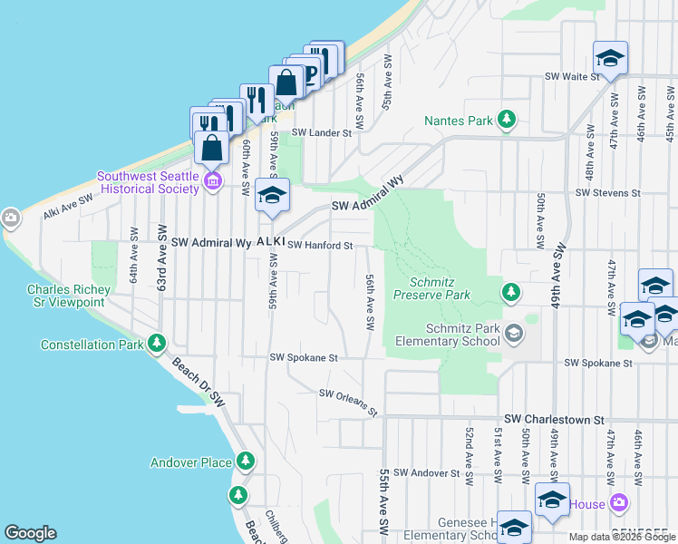 map of restaurants, bars, coffee shops, grocery stores, and more near 3211 56th Place Southwest in Seattle