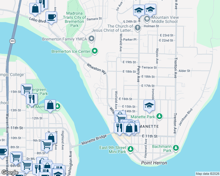 map of restaurants, bars, coffee shops, grocery stores, and more near 1719 Winfield Avenue in Bremerton