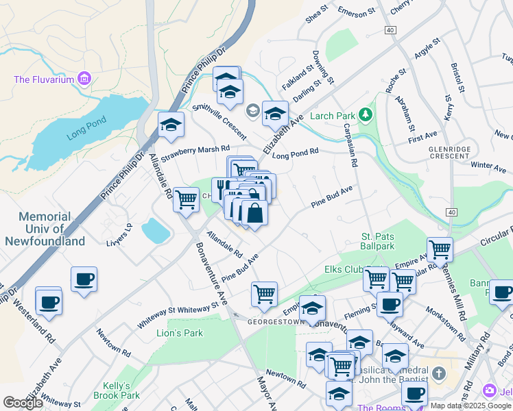 map of restaurants, bars, coffee shops, grocery stores, and more near 19 Churchill Square in St. John's