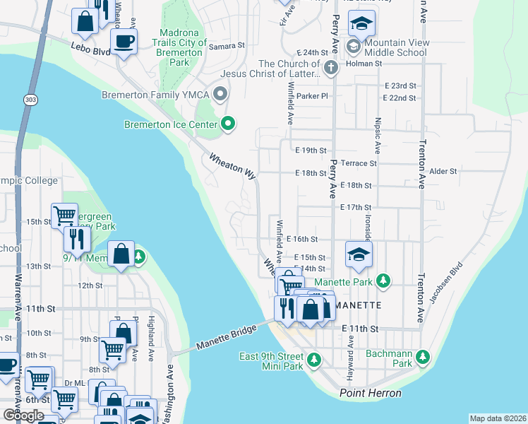 map of restaurants, bars, coffee shops, grocery stores, and more near 1719 Winfield Avenue in Bremerton