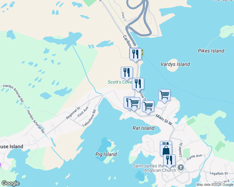 map of restaurants, bars, coffee shops, grocery stores, and more near 28 Brook Street in Channel-Port aux Basques