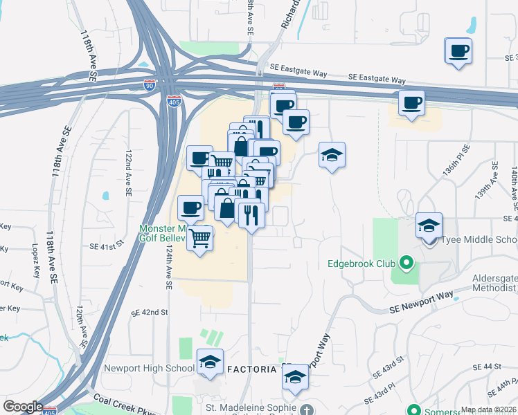 map of restaurants, bars, coffee shops, grocery stores, and more near 3920 Factoria Boulevard Southeast in Bellevue