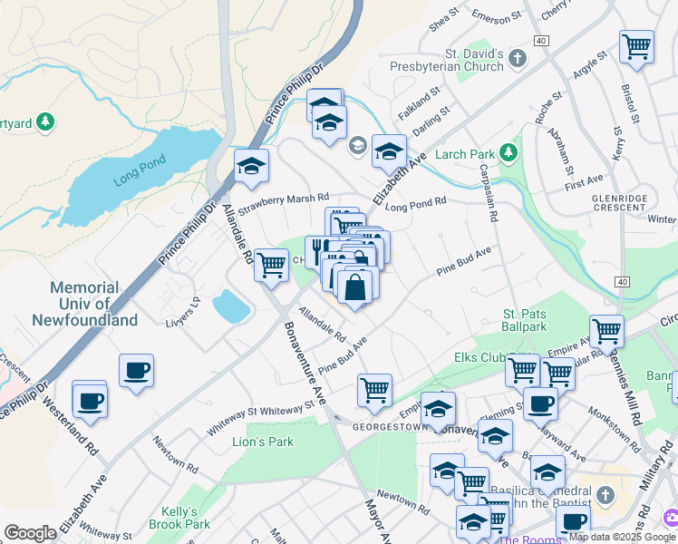 map of restaurants, bars, coffee shops, grocery stores, and more near 45 Churchill Square in Saint John's