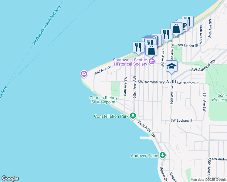 map of restaurants, bars, coffee shops, grocery stores, and more near 6425 Southwest Admiral Way in Seattle