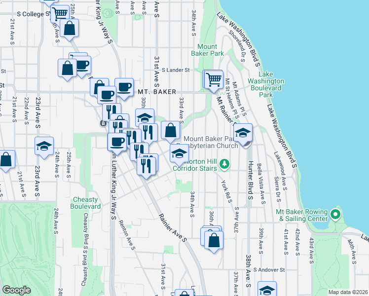 map of restaurants, bars, coffee shops, grocery stores, and more near 3124 33rd Avenue South in Seattle