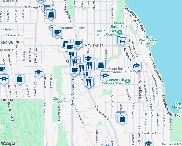 map of restaurants, bars, coffee shops, grocery stores, and more near 3015 South Hanford Street in Seattle