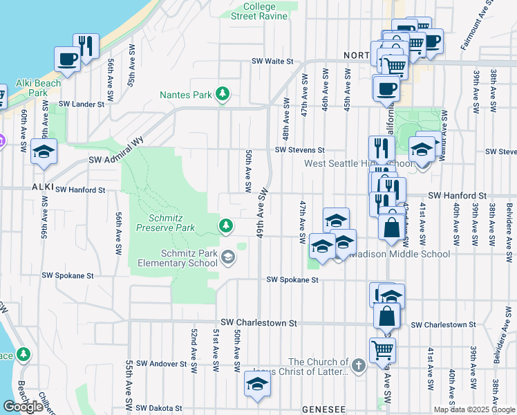 map of restaurants, bars, coffee shops, grocery stores, and more near 4921 Southwest Hanford Street in Seattle