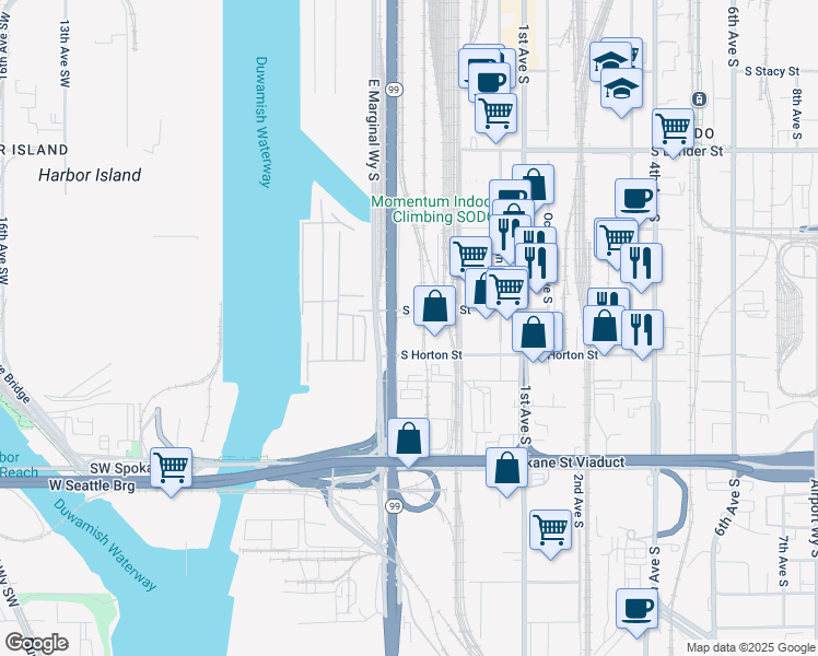 map of restaurants, bars, coffee shops, grocery stores, and more near 33 South Hanford Street in Seattle