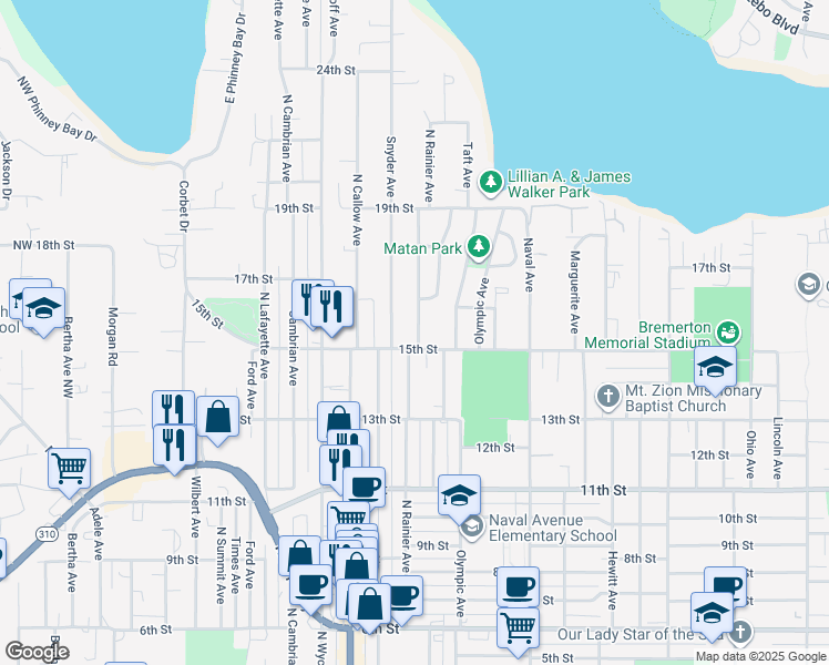 map of restaurants, bars, coffee shops, grocery stores, and more near 1511 North Rainier Avenue in Bremerton