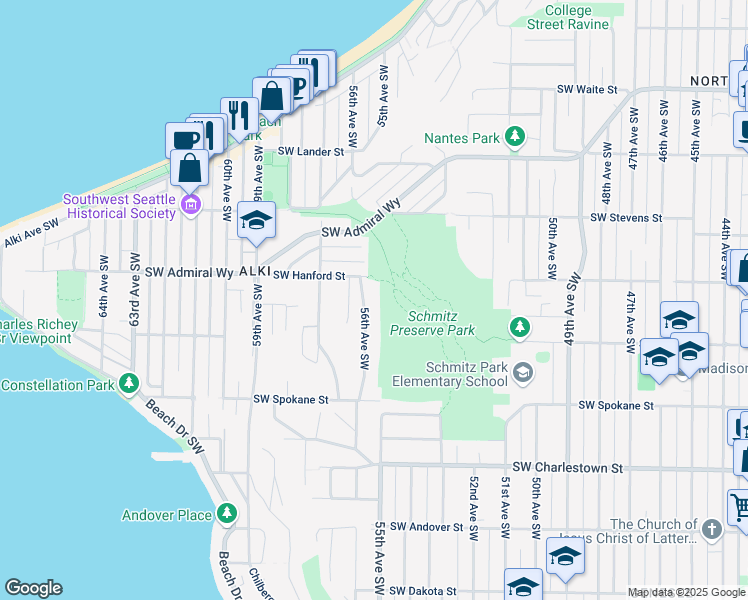 map of restaurants, bars, coffee shops, grocery stores, and more near 3208 56th Avenue Southwest in Seattle