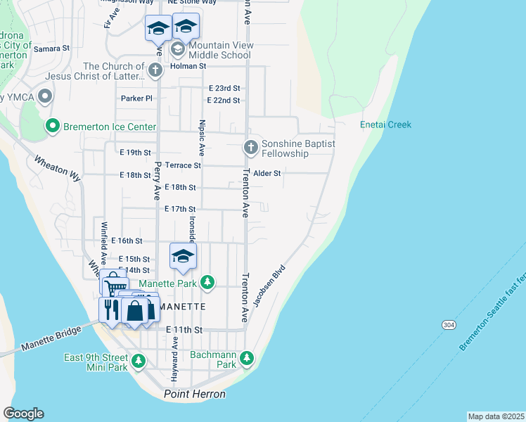 map of restaurants, bars, coffee shops, grocery stores, and more near 1714 Trenton Avenue in Bremerton