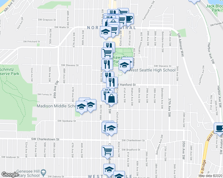 map of restaurants, bars, coffee shops, grocery stores, and more near 3210 California Avenue Southwest in Seattle