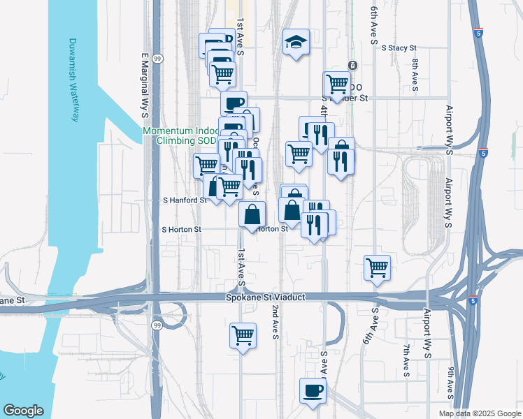 map of restaurants, bars, coffee shops, grocery stores, and more near 198-150 S Hanford St in Seattle