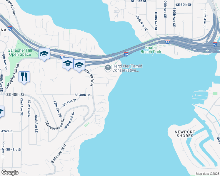 map of restaurants, bars, coffee shops, grocery stores, and more near 3838 East Mercer Way in Mercer Island