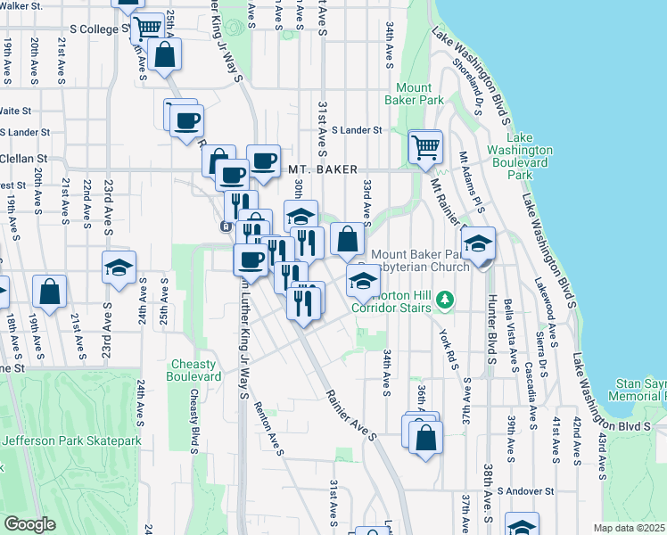 map of restaurants, bars, coffee shops, grocery stores, and more near 3223 South Hanford Street in Seattle