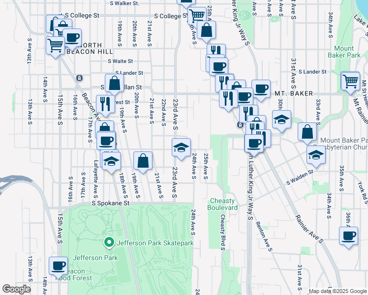 map of restaurants, bars, coffee shops, grocery stores, and more near 3111 Harris Place South in Seattle