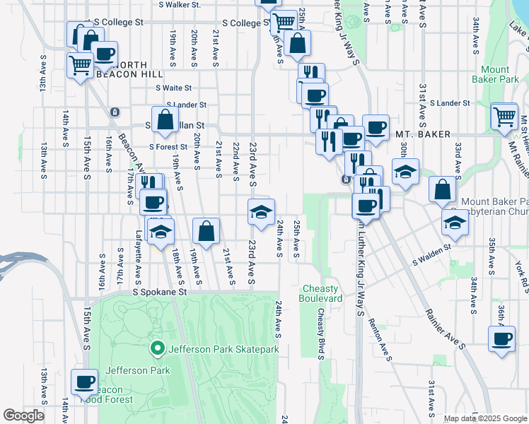 map of restaurants, bars, coffee shops, grocery stores, and more near 3111 Harris Place South in Seattle