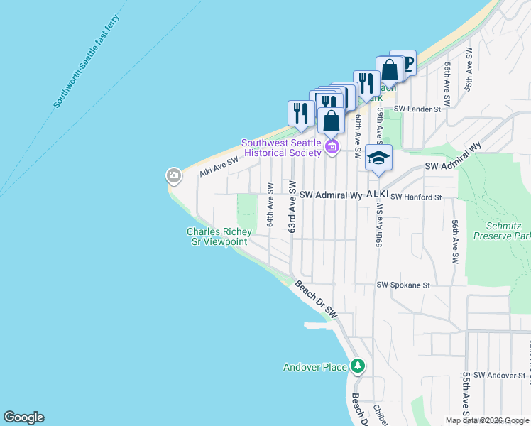 map of restaurants, bars, coffee shops, grocery stores, and more near 3213 64th Avenue Southwest in Seattle