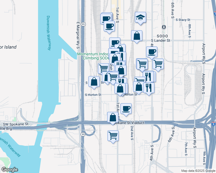 map of restaurants, bars, coffee shops, grocery stores, and more near 3201 Utah Avenue South in Seattle