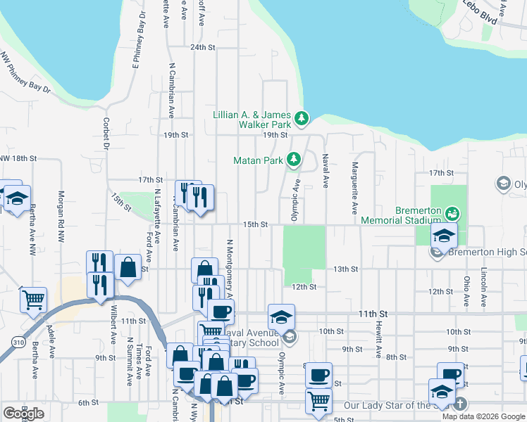 map of restaurants, bars, coffee shops, grocery stores, and more near 1522 North Rainier Avenue in Bremerton
